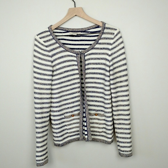 Banana Republic Striped Metallic Cardigan Sweater Cream Gold Sliver sz Medium - Picture 1 of 8